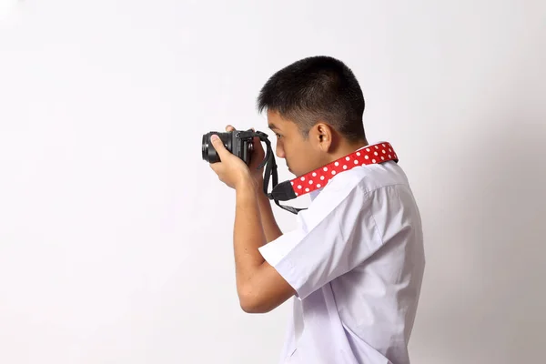 Jovem Estudante Tailandês Fundo Branco — Fotografia de Stock