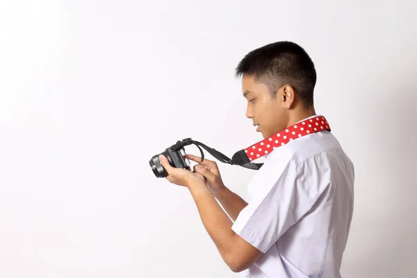 Jovem Estudante Tailandês Fundo Branco — Fotografia de Stock