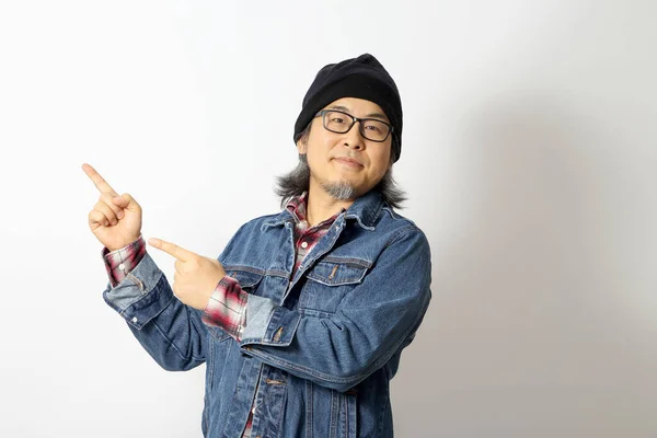 Asian Man Denim Shirt Beanie Standing White Background — Stock Photo, Image