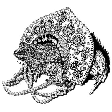 Kurbağa prenses. Geleneksel bir Rus başlığı, inci ve mücevheriyle amfibi. Elle çizilmiş mürekkep kalemi peri masalı çizimi beyazın üzerine siyahı izole etti. Tişört izi, dotwork tarzında dövme tasarımı.