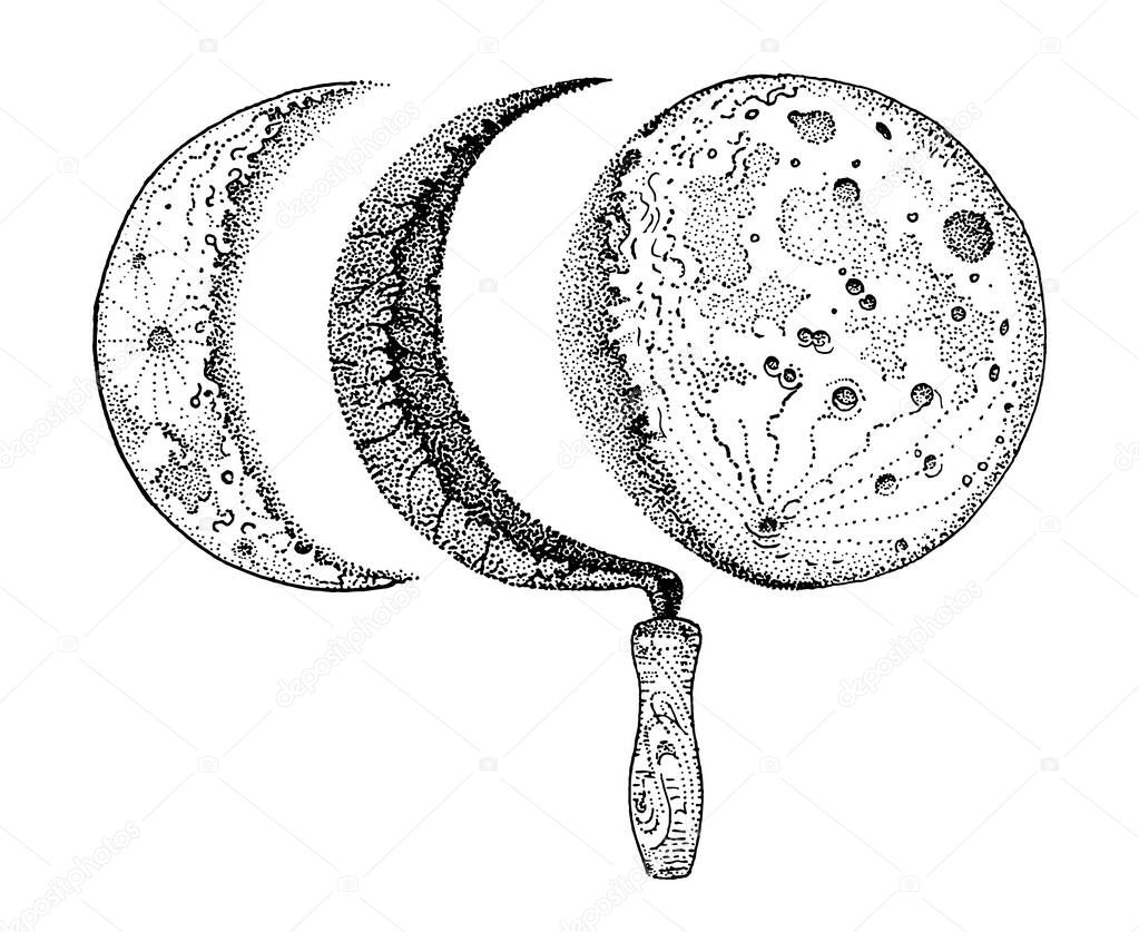 Sickle and moon phases. Waning and crescent moon. Hand drawn vector illustration isolated black on white. T shirt print, tattoo design in dotwork style. Nature, rural, magic, esoteric symbol.