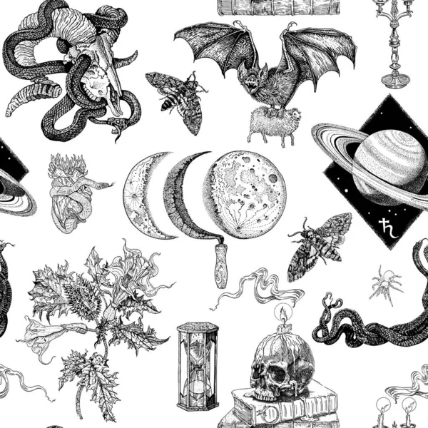 Zwarte magie naadloos patroon. Schedels, kaarsen, vlammen, slangen, vleermuis, maan, datura, saturn, zandloper. Met de hand getekend graveren tattoo stijl illustratie. — Stockvector