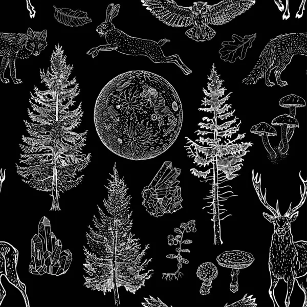 Full moon magic seamless pattern. Spruce, fir tree, mushroom, fox, hare, deer, leaves, crystals. Hand drawn vintage tattoo engraving style illustration white on black. Stock Vector