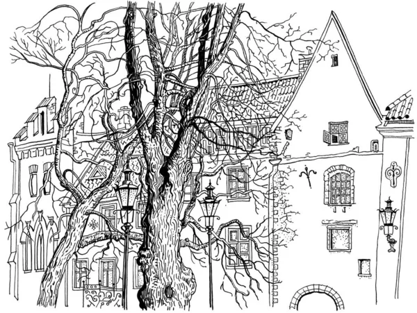 Vista da Cidade Velha de Tallinn. Rua Olevimagi. Desenho à mão ilustração caneta tinta estilo gráfico. Arquitetura histórica, casas medievais, árvores. Marco dos Estados Bálticos. — Fotografia de Stock