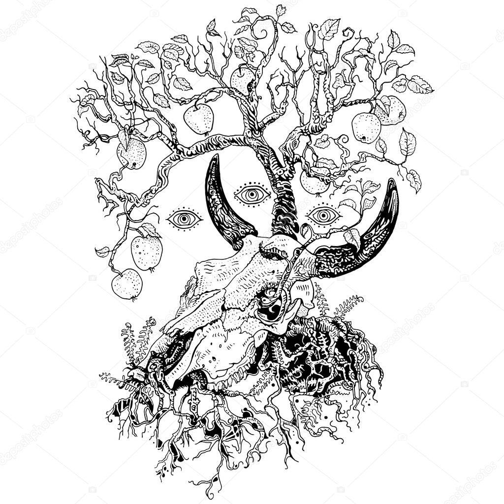 Apple tree grows out of a cow skull. Circle of life, death and rebirth. Folktale, mythology, bull, ox bones. Hand drawn ink pen vector illustration. T shirt print, tattoo design, poster.