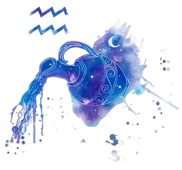 Aquarius symbol. Pouring water antique jar. Line art drawing on sky blue watercolor splash texture. Astrology, fortune telling, horoscope, prognosis, Zodiac sign associated with air element.