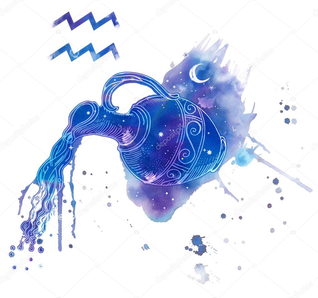 Aquarius symbol. Pouring water antique jar. Line art drawing on sky blue watercolor splash texture. Astrology, fortune telling, horoscope, prognosis, Zodiac sign associated with air element.