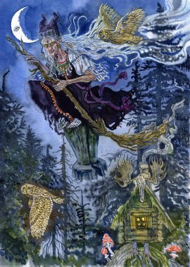 Baba Yaga, Slav folklorundaki cadı. Ormanda tavuk budu üzerinde bir kulübede yaşıyor ve izlerini süpürgeyle kapatan bir havan topunun içinde uçuyor. Suluboya çizimi. Ay, baykuş, mantar, orman.
