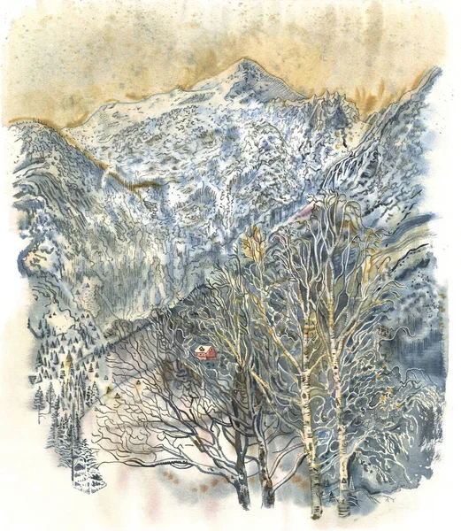 Montagnes Norvégiennes Paysage Hivernal Aquarelle Dessinée Main Vue Village Sur — Photo