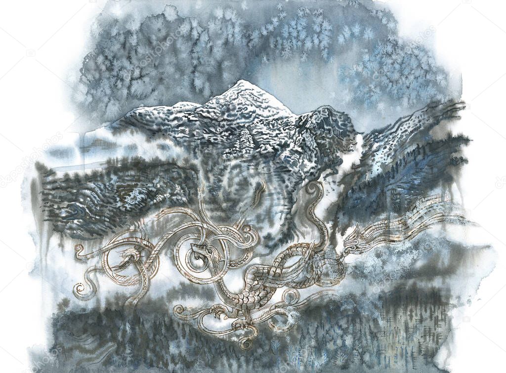 Foggy mountain. Winter Norwegian landscape with traditional woodcarving dragon motif. Hand drawn watercolor painting. View of a village on coasts of Hardanger fjord, Hordaland county, Norway.