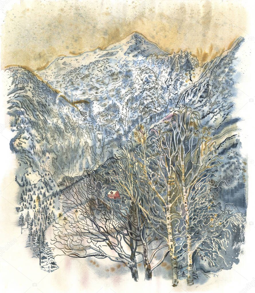 Norwegian mountains. Winter landscape. Hand drawn watercolor painting. View of a village on coasts of Hardanger fjord, Hordaland county, Norway.