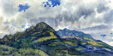 Dağlar ve bulutlar. El çizimi suluboya resim. Kırım manzarası. Gurzuf, Kırım. Seyahat, yürüyüş, tatil..