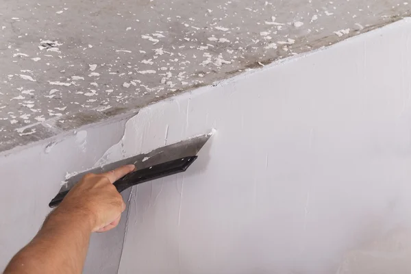 ev geliştirme işçinin bitirme sıva tabakası duvara koyar.