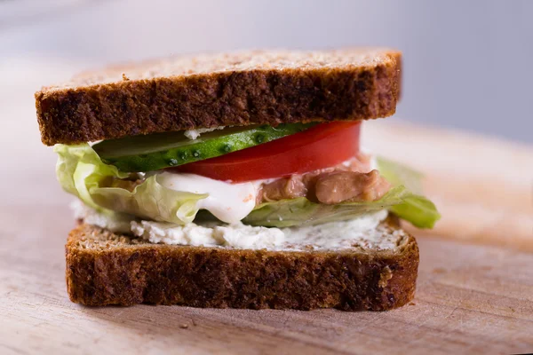 Sandwich au thon grillé frais fait maison sur bois — Photo