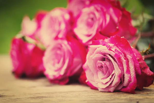 Rosa rosa perfetta fiore su legno all'aperto — Foto Stock