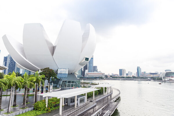 Singapore, 2016 January 14: Landscape of Marina Bay Sands hotel, bridge, museum of science and art and financial district