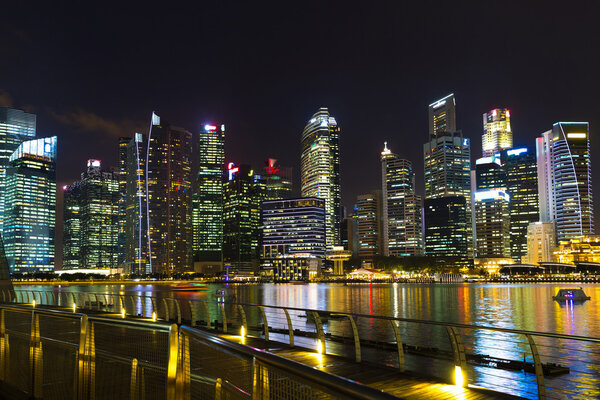 Landscape of the Singapore Marina Bay hotel, bridge, museum and financial district at night