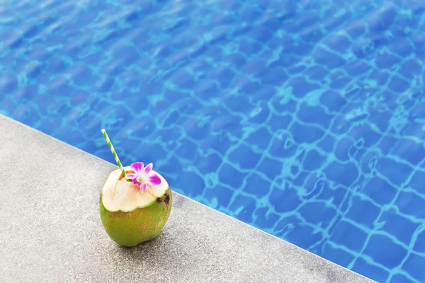 Sumo de coco com flor de orquídea na piscina — Fotografia de Stock