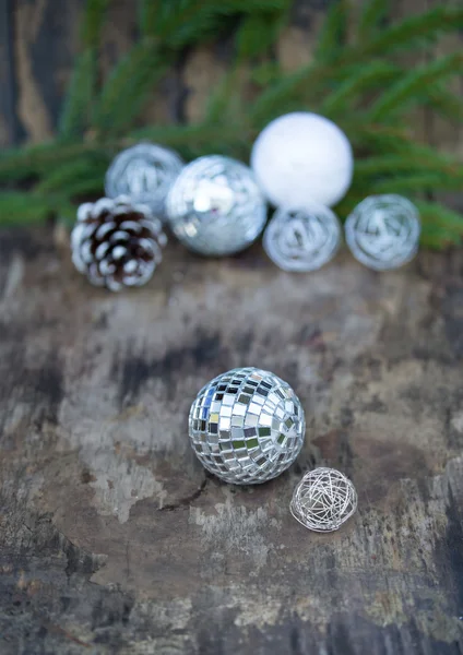 Christmas Mirror balls on wooden background — Stock Photo, Image