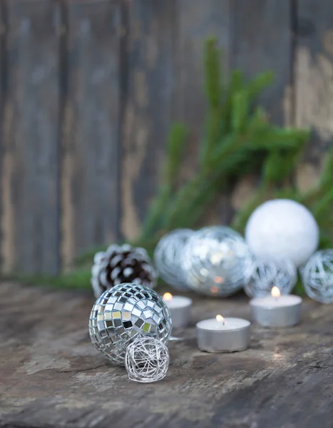 Christmas Mirror balls on wooden background — Stock Photo, Image