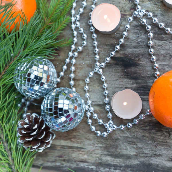 Christmas Mirror balls on wooden background — Stock Photo, Image