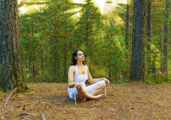 Žena meditovat v lese — Stock fotografie