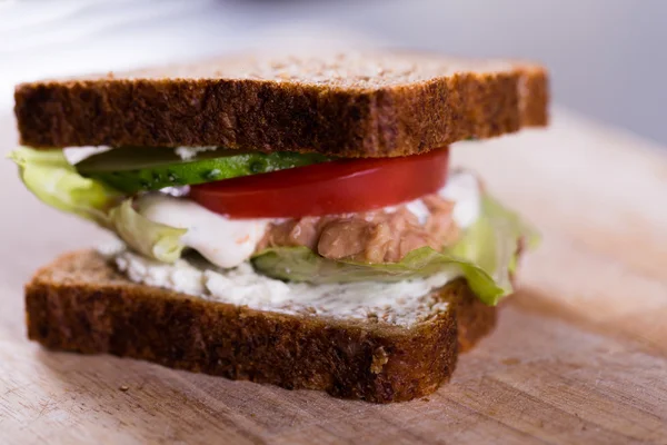 Свежий домашний сэндвич с тунцом на дереве — стоковое фото