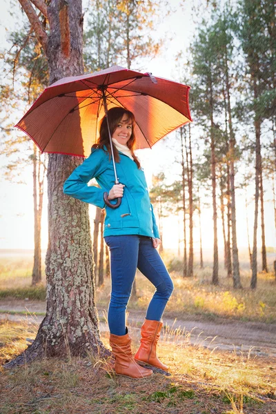 Jovem com guarda-chuva em luzes de pôr do sol na floresta — Fotografia de Stock