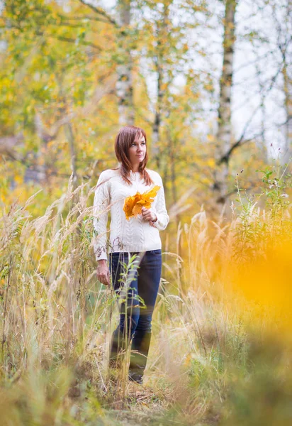 Bella donna in un parco autunnale — Foto Stock