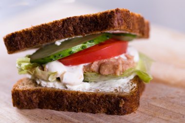 Taze ev yapımı ızgara ton balıklı sandviç ahşap üzerine