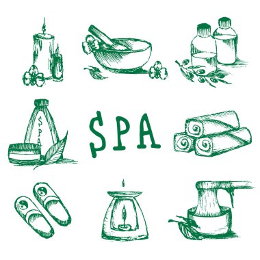 Kaplıca salonu için çizimler ayarlandı. Mumlar, yağlar, tüy dökümü. Güzellik terapisi ve sağlık vektörü için spa rahatlaması. El çizimi spa özellikleri kümesi.