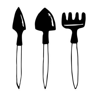 El çizimi bahçe aletleri izole edilmiş. Kürek ve tırmığın vektör çizimi.