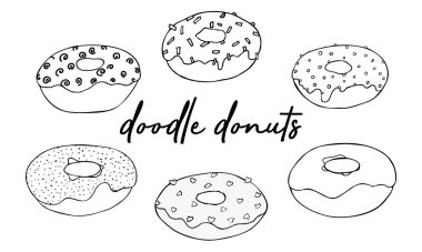 Tatlı tatlılar. Donut Doodles 'ı hazırla. Vektör çizimi. Çizgili çörekler çiziyorum. Lezzetli donutların taslağı.