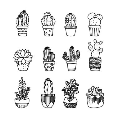 Saksılarda sevimli el çizimi vektör kaktüsü..