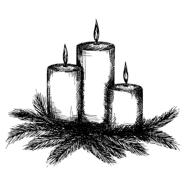Свічка Вогнем Векторна Ілюстрація Чорнила Білому Фоні Ескізу Малюнок Руки — стоковий вектор