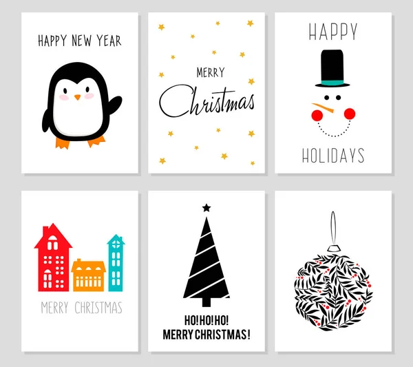 Tarjetas Navidad Verticales Decoradas Con Árbol Año Nuevo Casas Pingüino — Vector de stock