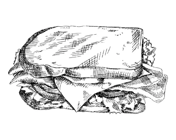 Illustrazione a sandwich disegnata a mano. Vettore di schizzi di sandwich per menu di design, ristorante, caffè. illustrazione vintage in bianco e nero isolato su sfondo bianco. — Vettoriale Stock