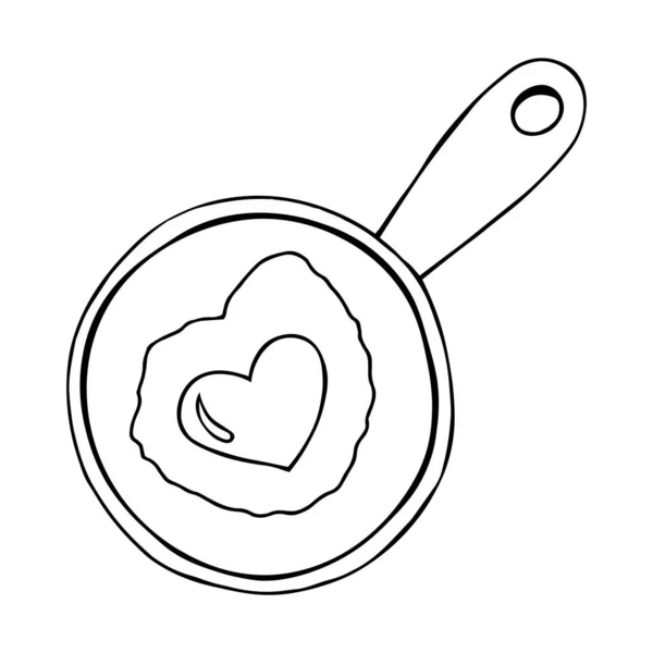 Esquema negro vector sartén huevo frito aislado sobre fondo blanco. Sartén con huevo con ilustración de garabatos. Tarjeta de San Valentín — Vector de stock