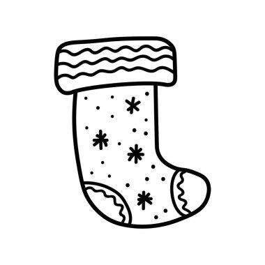 Hediyeler için Noel çorabı. Vektör Doodle tarzı özet. Bir kış botu. Kartlar, paketler, sosyal medya, ağ, çıkartmalar, logolar için basit tatil illüstrasyonu