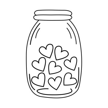 Kalpli kavanoz. Düğün ve romantizm kavramı. Beyaz arkaplanda karalama tarzında vektör illüstrasyonu izole edildi. Kartpostal, logo, simge, ağ, davet, dekor ögesi.