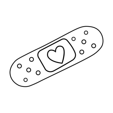 Kalpli yapıştırıcı sıva. Karalama tarzında tıbbi vektör çizimi beyaz arkaplanda izole edilmiş. Kartpostal, logo, simge, ağ, davet, dekor ögesi.