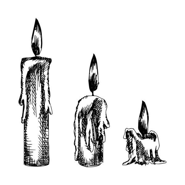 Gyertyát Gyújtott Tűzzel Vektor Illusztráció Tinta Fehér Háttér Vázlat Stock Vektor