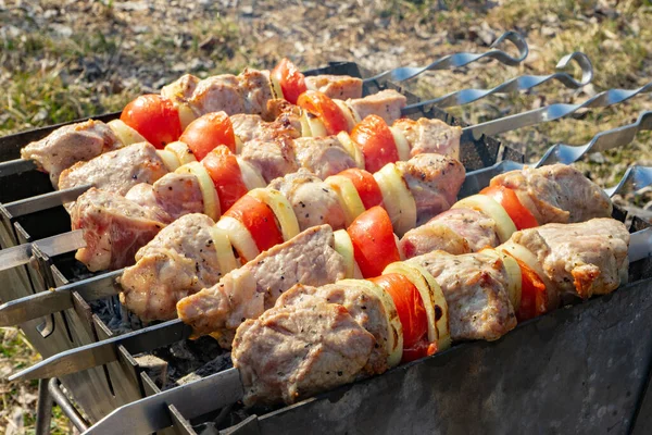 Izgara domuz kebabı eti, şişte et parçaları. Kızartma işlemi ateşle marine edilmiş et. — Stok fotoğraf