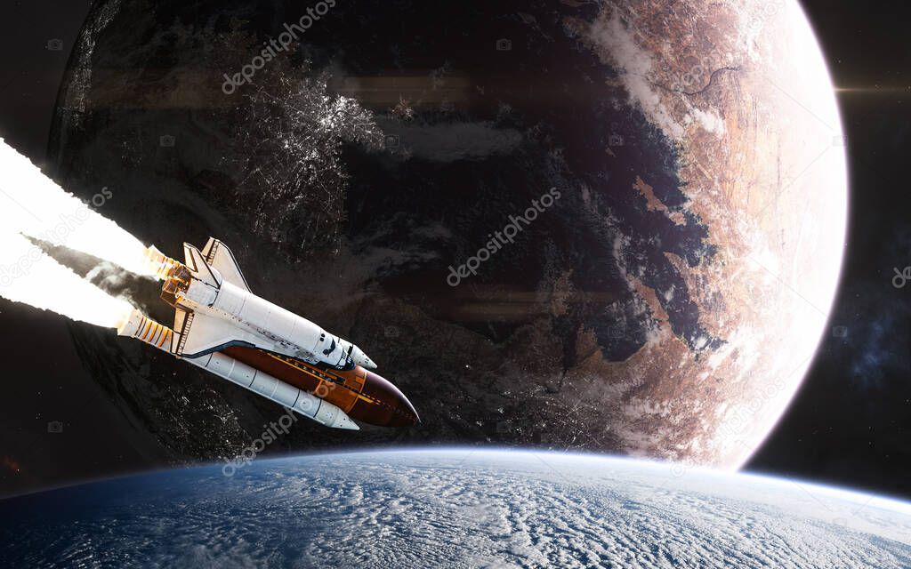 Inhabited planet in deep space. Space shuttle in planetary orbit
