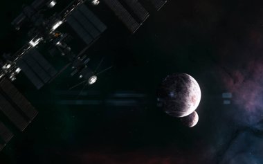 Karanlık uzayın derinliklerindeki uzak gezegenler. Uzay istasyonu hareket halinde bulanıklaştı