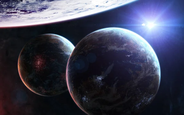 Заселенные планеты глубокого космоса на фоне ярко-голубой звезды — стоковое фото