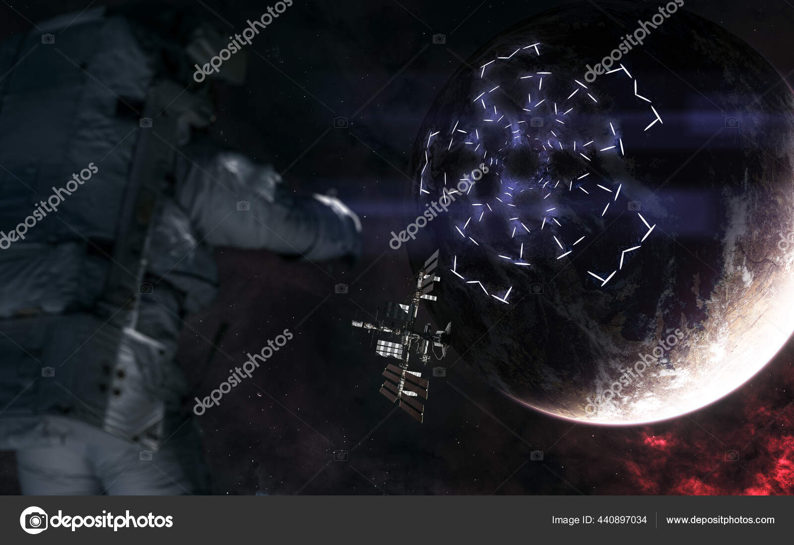 深宇宙惑星を背景にした宇宙ステーション 惑星の表面上の発光構造 宇宙飛行士は集中できない ストック写真 C ronalien 深宇宙惑星を背景にした宇宙ステーション 惑星の表面上の発光構造 宇宙飛行士は集中できない ストック写真 C ronalien