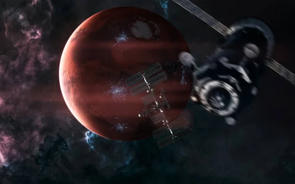 Inhabited Mars. Space stations on background of red planet of solar system. Station blurred in motion. 3D Render