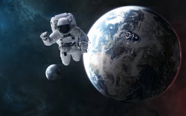 Dünya ve Ay 'ın arka planında bir astronot. Güneş sistemi. 3B Hazırlama