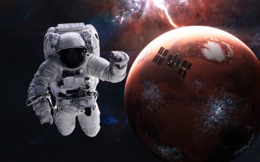 Mars. Astronot, Kızıl Gezegen 'in arka planındaki uzay istasyonu. Güneş sistemi. 3 Boyutlu Hazırlama
